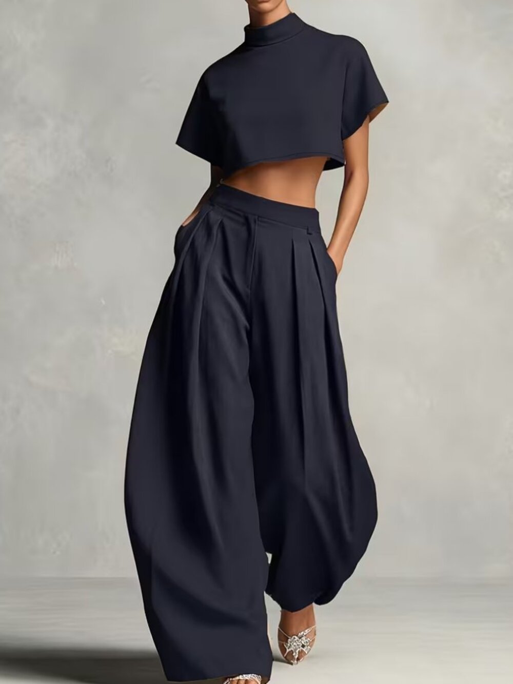 Navy Blue Short Top + Wide Leg Pants Set - Picture 6 of 6